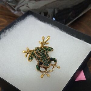 Gold and Green Frog Brooch Rhinestons